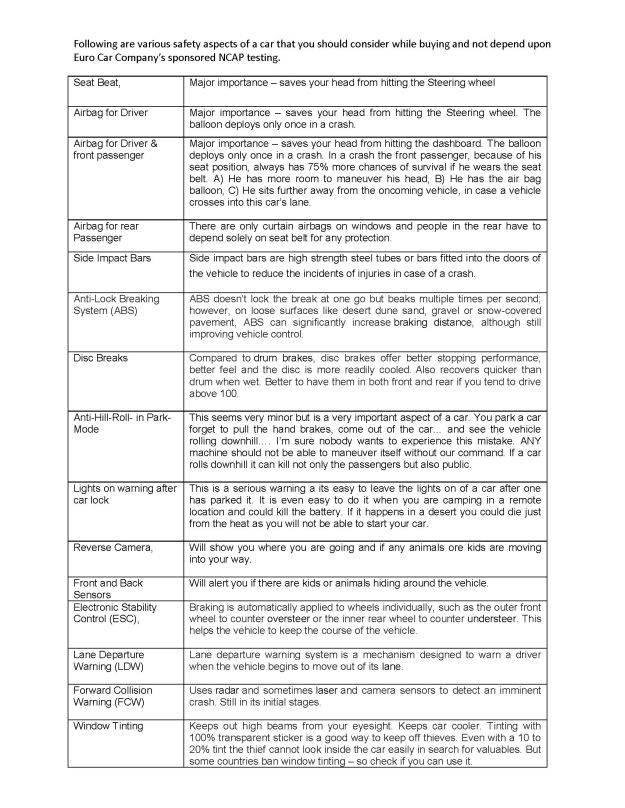 Important Safety Features - concentrate on these instead of NCAP