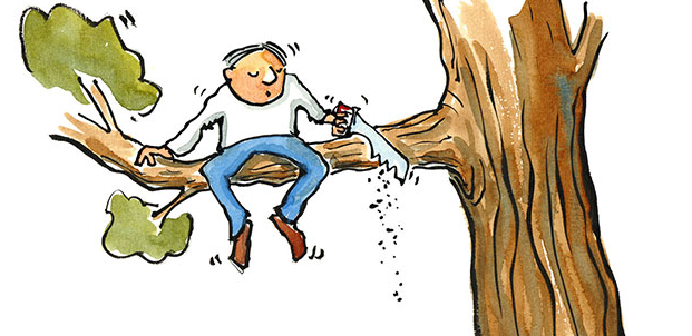 Indian Diary Farmer cutting the very branch he is sitting on