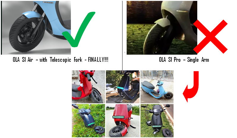 OLA S1 Air comes with Telescopic Front Fork - unlike the Ola S1 Pro which still comes with single arm.